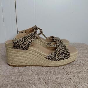 Lucky Brand Shoes Womens 6.5 Valki Wedge Sandals Leopard T Strap Open Toe